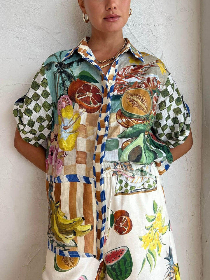 Camisa con estampado de frutas tropicales, cintura elástica, bolsillo, pantalón ancho, traje