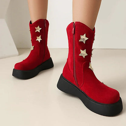 Star Shaped Patchwork Zipper Round Toe Low Platform Ankle Boots