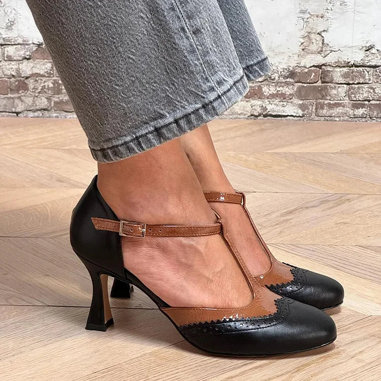 T-Strap Buckle Patchwork Round Toe Black Stiletto Heels