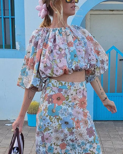 Holiday Floral Print Top & Skirt Two-Piece Set