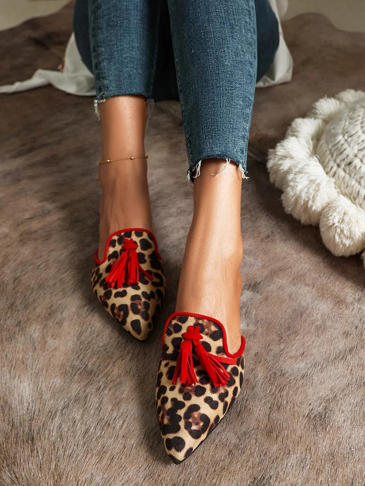 Leopard Print Colorblock Tassels Pointy Toe Shoes Slip On Mules
