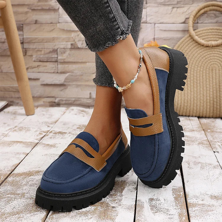 Colorblock Round Toe Patchwork Chunky Heel Casual Loafers