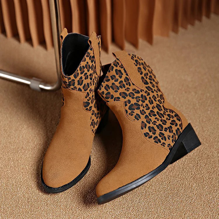 Patchwork Leopard Print Chunky Heel Round Toe Ankle Boots