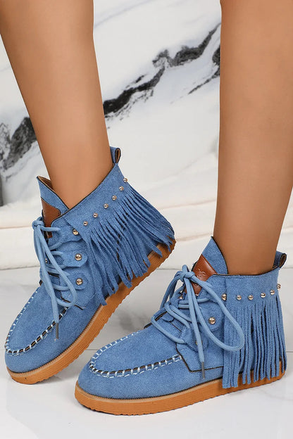 Fringed Trim Metallic Studded Round Toe Lace Up Ankle Boots