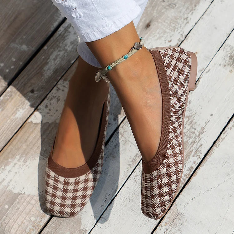 Casual Plaid Print Square Toe Slip On Lightweight Knit Flats