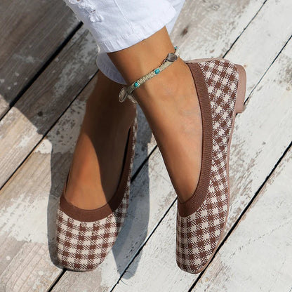 Casual Plaid Print Square Toe Slip On Lightweight Knit Flats