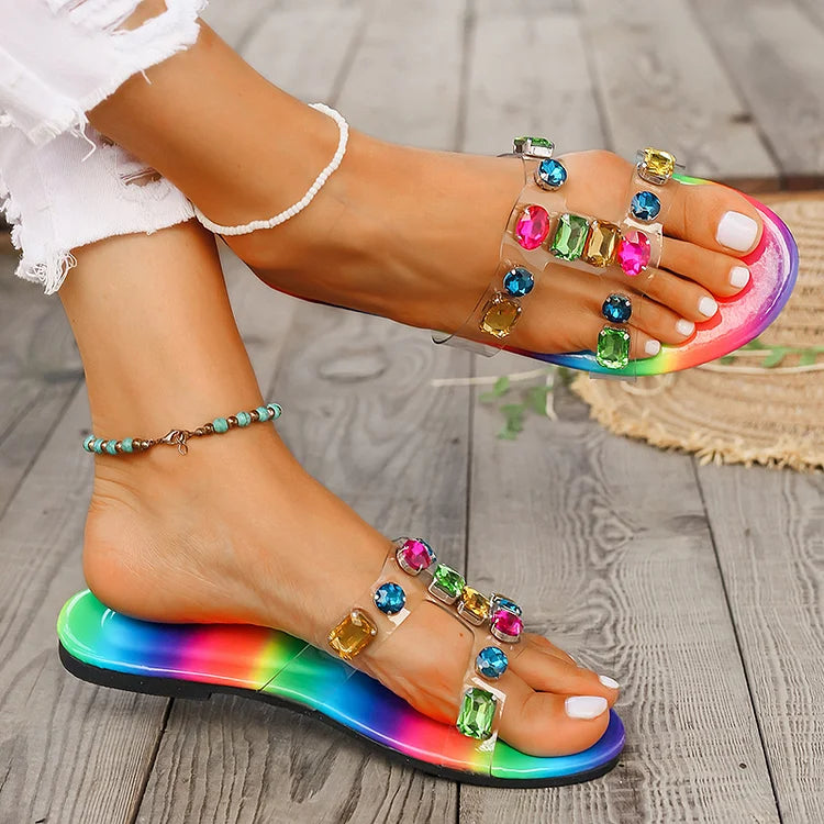 Gradient Colourful Rhinestone Decor Transparent Strap Slippers