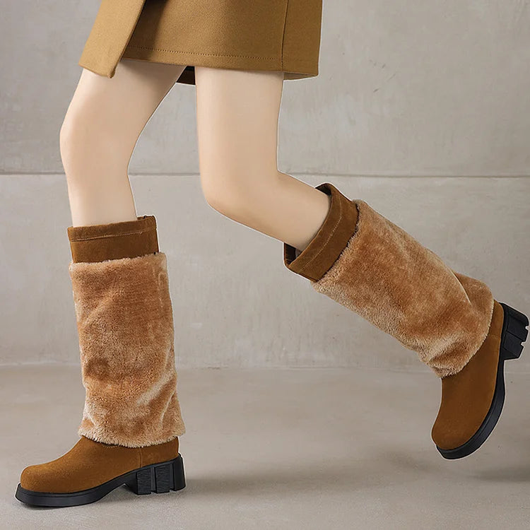 Fluffy Trim Patchwork Round Toe Chunky Heel Pull On Long Boots