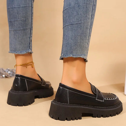 Stitch Detail Patchwork Round Toe Chunky Heel Casual Loafers