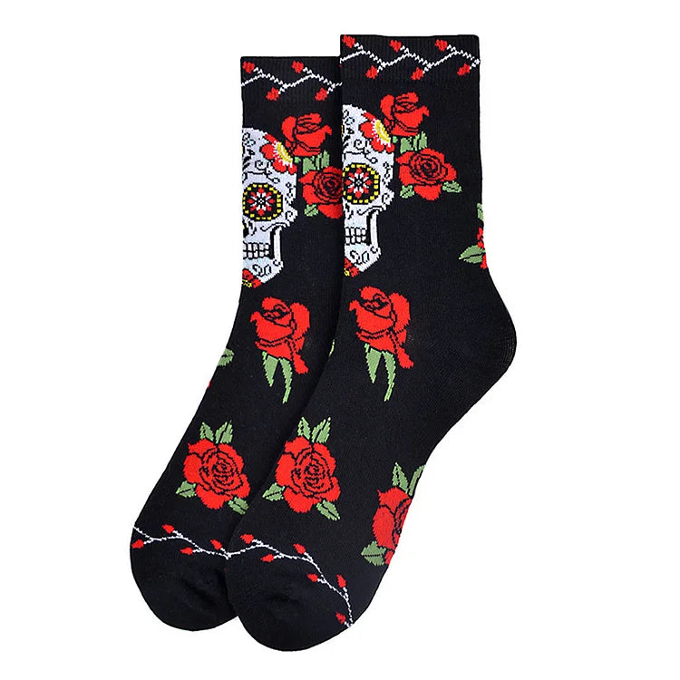 Halloween Bloody Skeleton Rose Floral Print Mid Calf Socks