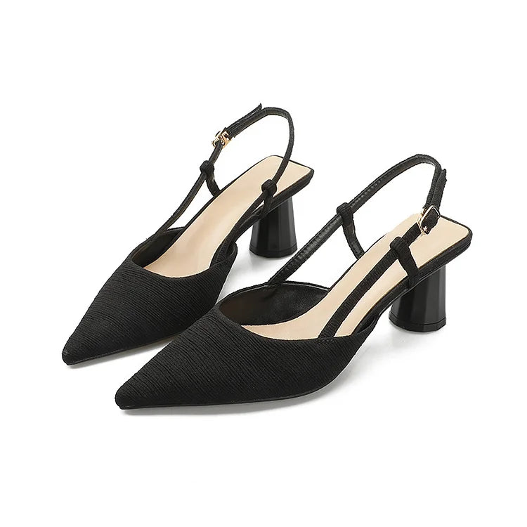 Satin Solid Color Textured Pointed Toe Slingback Chunky Heels