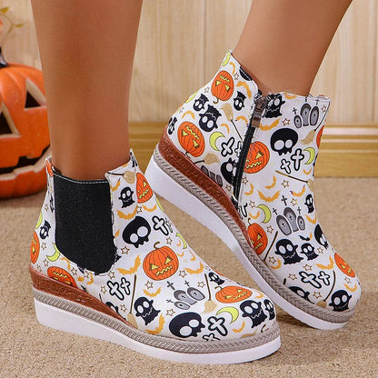 Halloween Roses Skull Print Round Toe Wedge Heel Ankle Boots