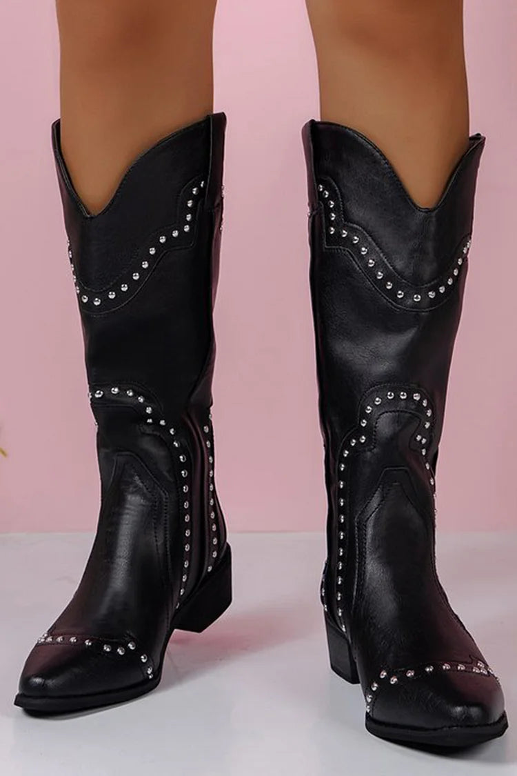 Metallic Studded Patchwork Pointed Toe Chunky Heel Knee High Boots