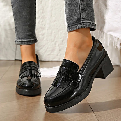 Patchwork Fringed Trim Round Toe Chunky Heel Loafers