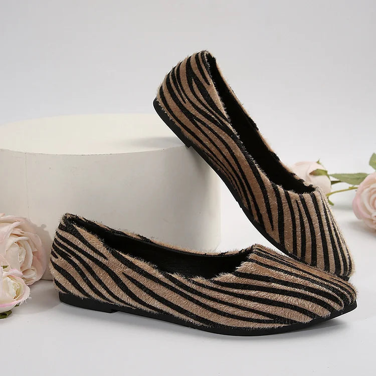 Colorblock Fuzzy Zebra Pattern Pointed Toe Slip On Flats