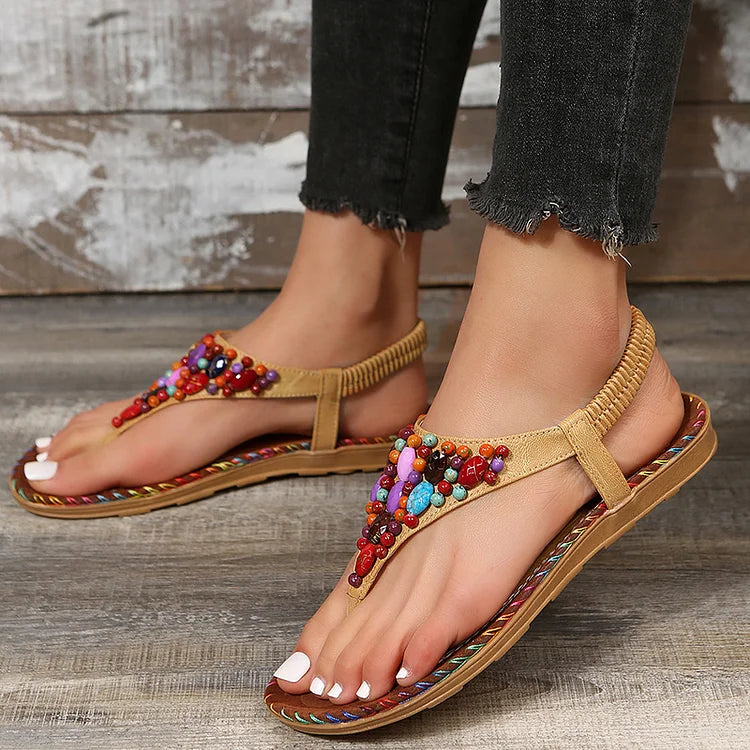 Colourful Gem Beads Seam Detail Elastic Band Flip Flops Retro Sandals