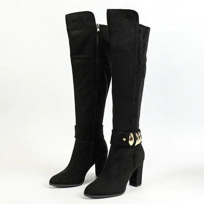 Irregular Metal Decor Pointed Toe Chunky Heel Zipper Knee High Boots