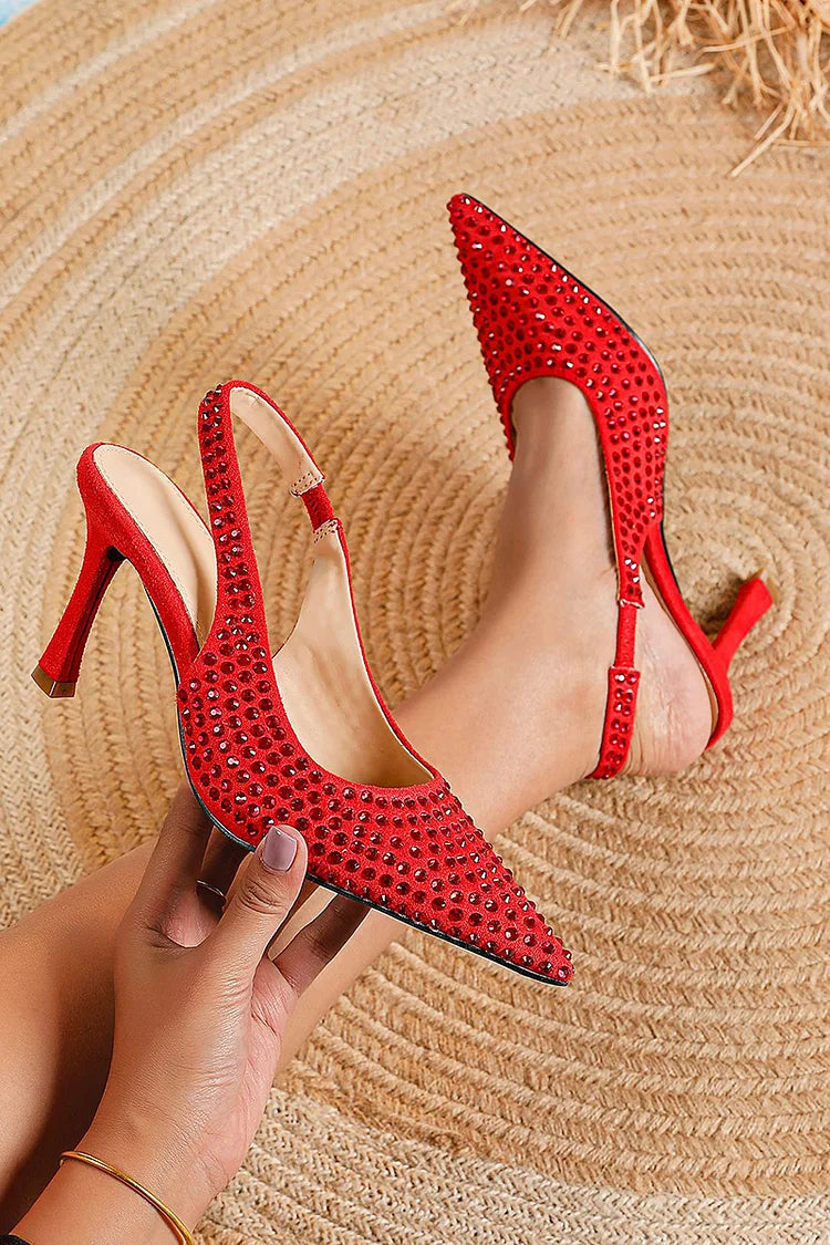 Rhinestone Decor Pointed Toe Slingback Stiletto Heels