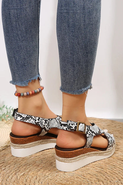 Snake Zebra-Striped Print Cross Belt Buckle Wedge Espadrille Sandals