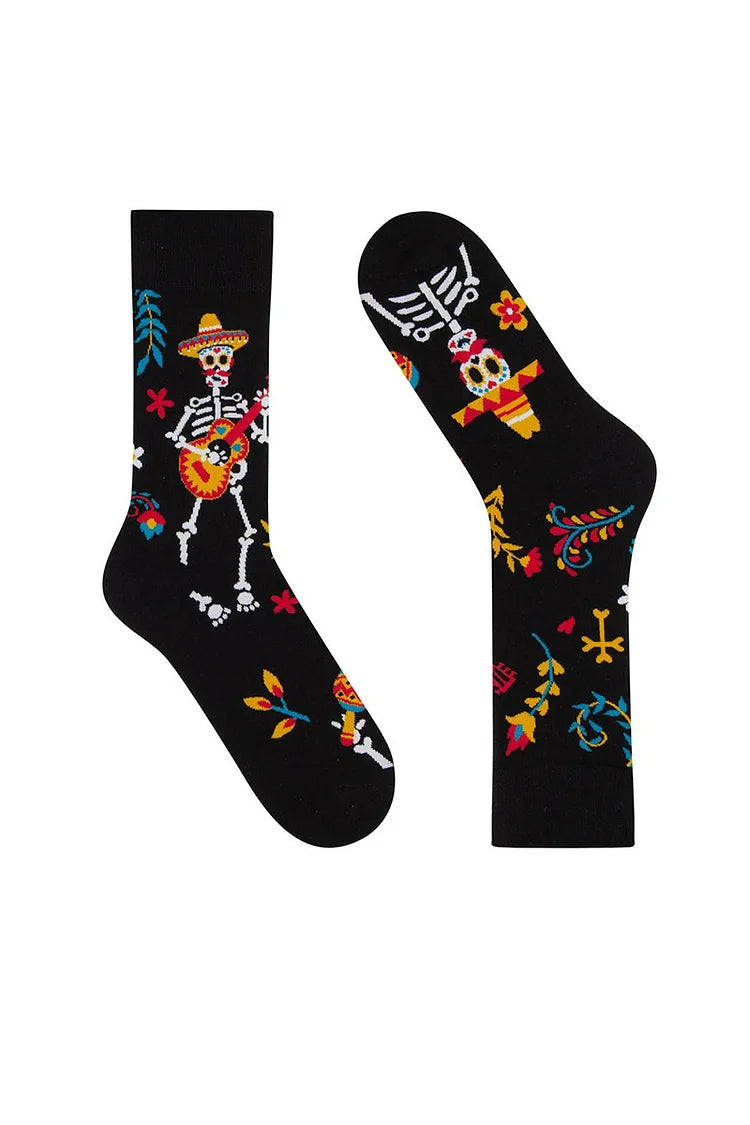 Halloween Multicolor Skeleton Skull Floral Pattern Mid Calf Socks