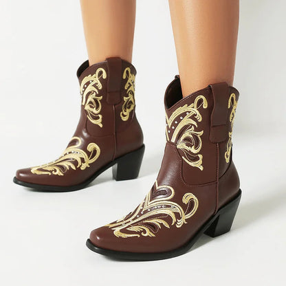 Embroidery Metallic Studded Square Toe Chunky Heel Western Boots