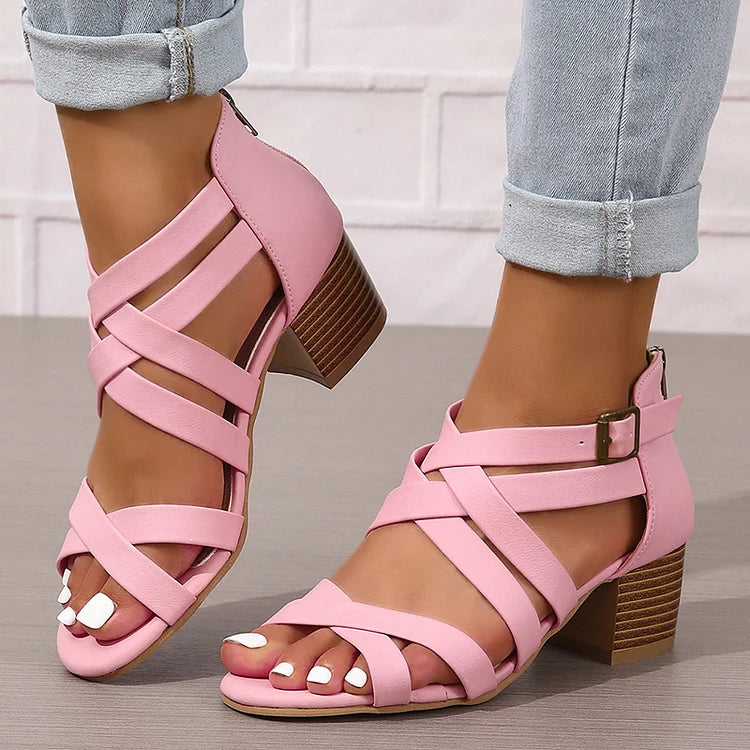 Multi Cross Straps Back Zipper Casual High Heel Sandals