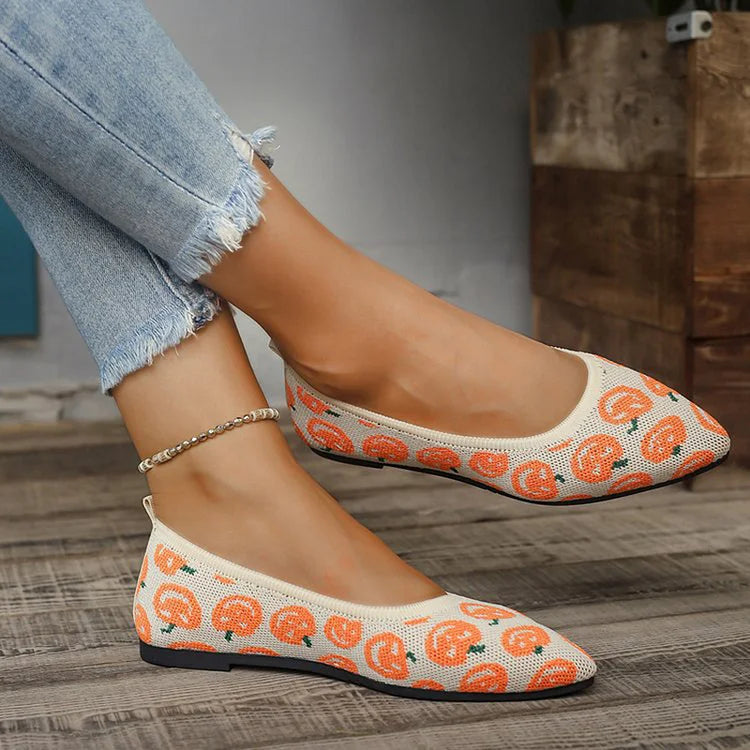 Halloween Horror Pumpkin Pattern Print Pointy Toe Knit Flats