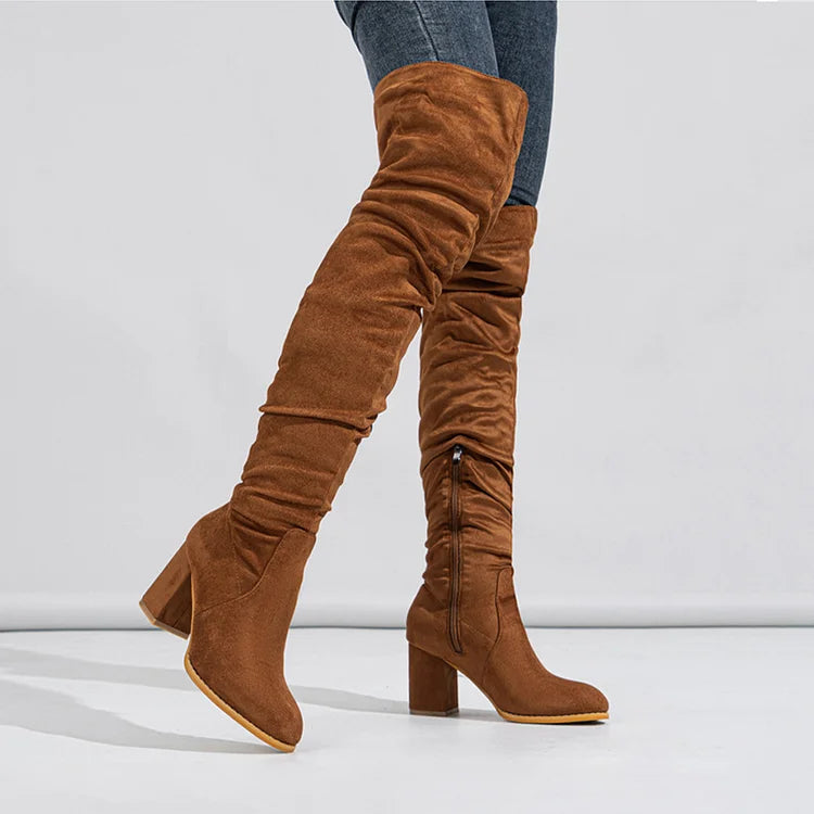 Patchwork Solid Plain Round Toe Chunky Heel Over The Knee Boots