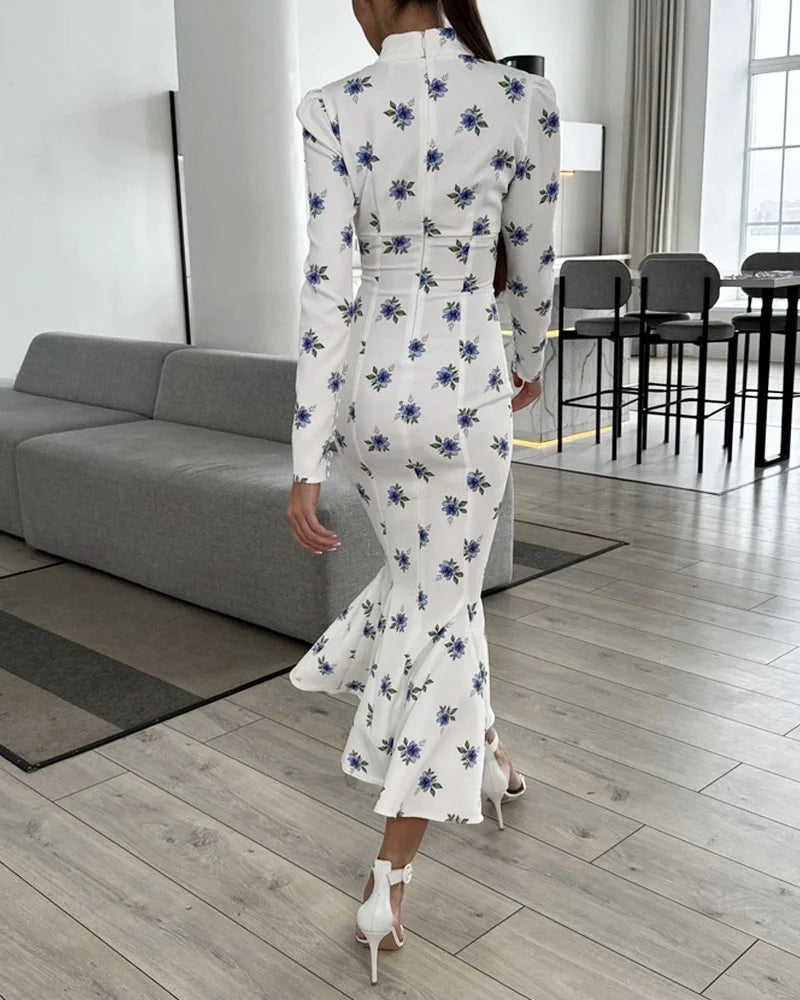 Elegant Half-Collar Floral Print Dress