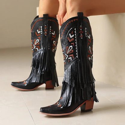 Tribal Pattern Embroidery Fringe Pointed Toe Chunky Heel Western Boots