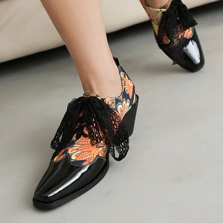 Tied Up Lace Leopard Print Patchwork Square Toe Chunky Heel Oxfords