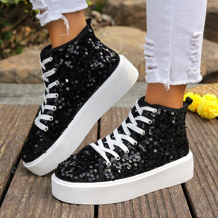 Sequins Decor Round Toe Lace Up Casual High Top Sneakers