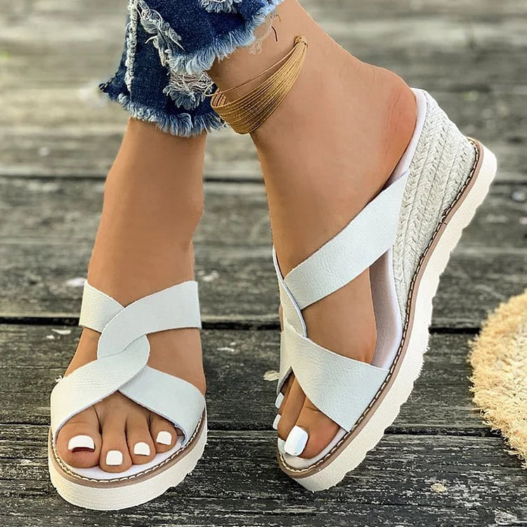 Casual Cross Strap Peep Toe Plain Espadrille Wedge Slippers