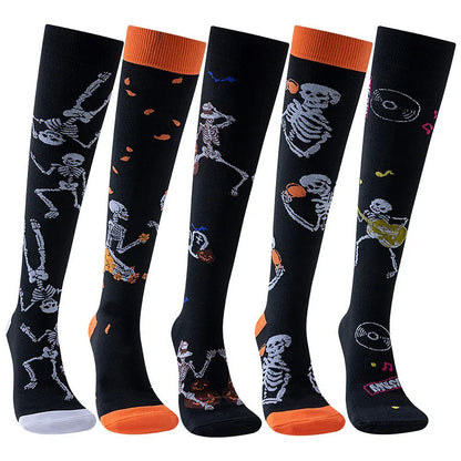 Calcetines por encima de la pantorrilla con estampado de esqueleto bailando guitarra divertidos para Halloween 