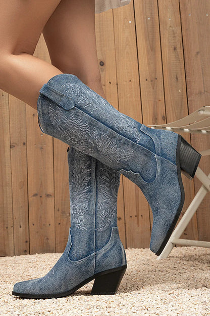 Embroidery Patchwork Pointed Toe Chunky Heel Denim Mid Calf Boots