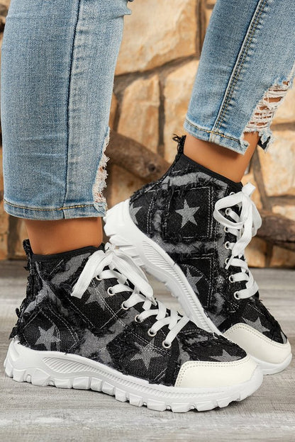 Star Pattern Raw Trim Patchwork Round Toe Lace Up Sneakers