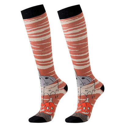 Happy Halloween Skull Pumpkin Ghost Print Color Block Over The Calf Socks