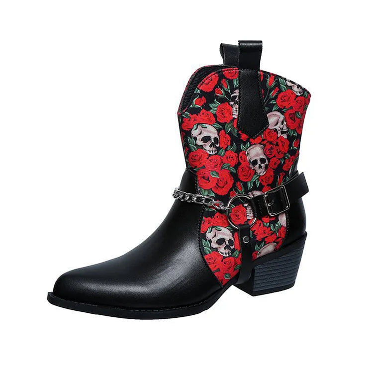 Roses Skull Print Chain Decor Pointed Toe Chunky Heel Ankle Boots