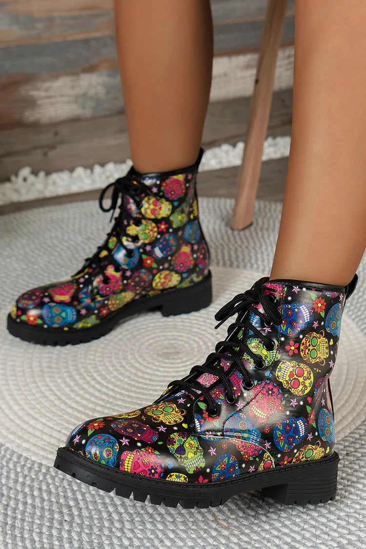 Colorful Floral Print Round Toe Low Block Heels Lace Up Ankle Boots