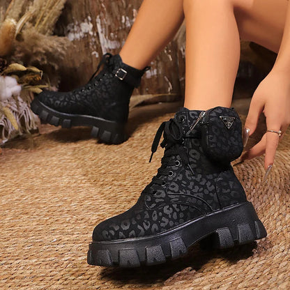 Leopard Print Pocket Decor Round Toe Lace Up Ankle Boots