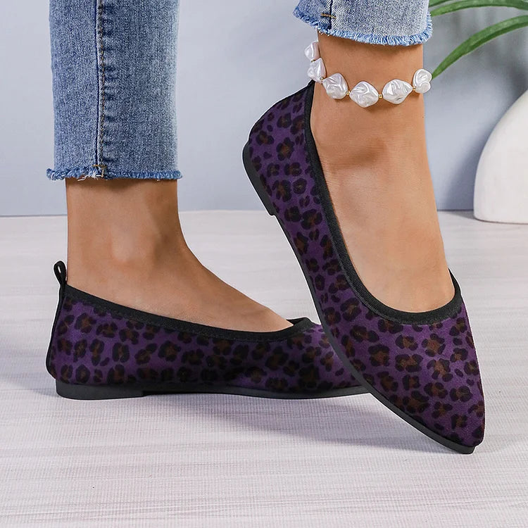 Leopard Print Pointed Toe Contrast Trim Casual Flats