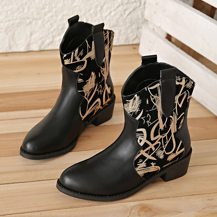 Pattern Print Round Toe Patchwork Chunky Heel Mid Boots