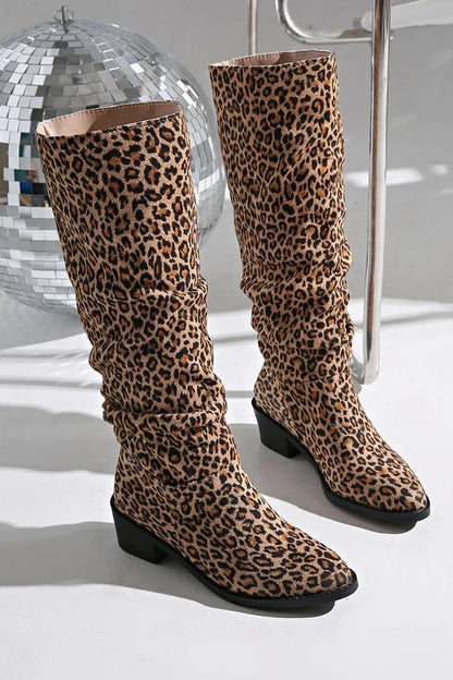 Leopard Print Slouch Pointed Toe Chunky Heel Pull On Knee High Boots