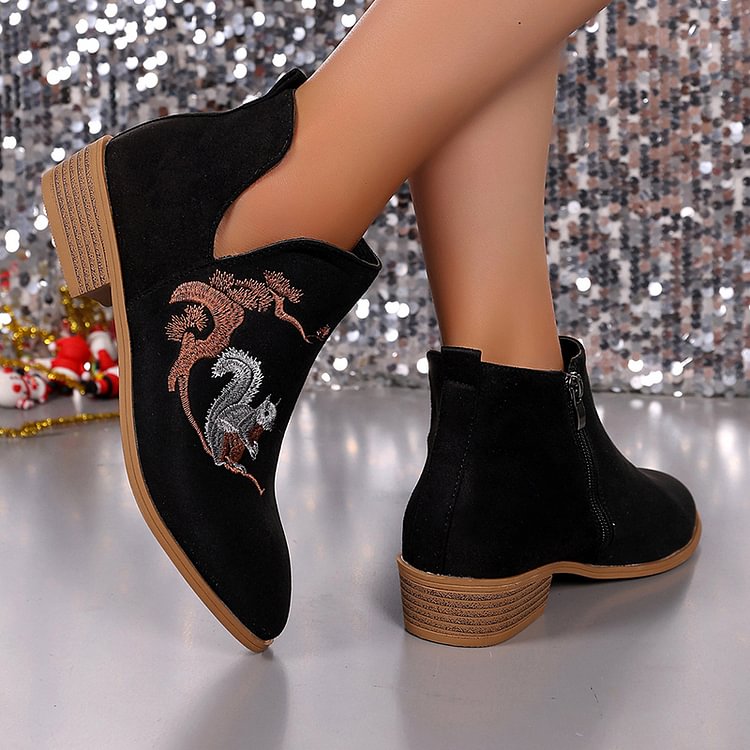 Squirrel Pine Tree Pattern Embroidery Low Block Heels Ankle Boots