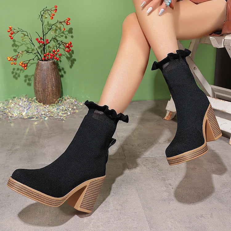 Knitted Frilled Round Toe Chunky Heel Pull On Mid Boots