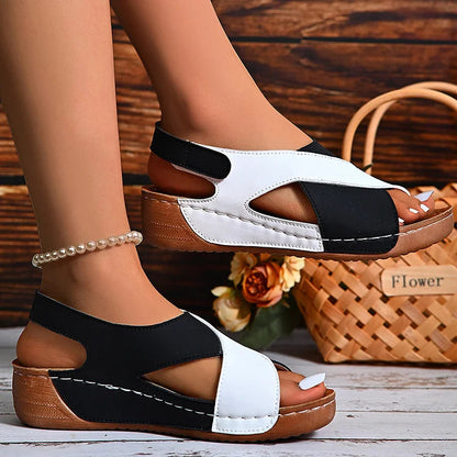 Quilted Color Block Magic Stick Closure Muffin Wedge Sandals