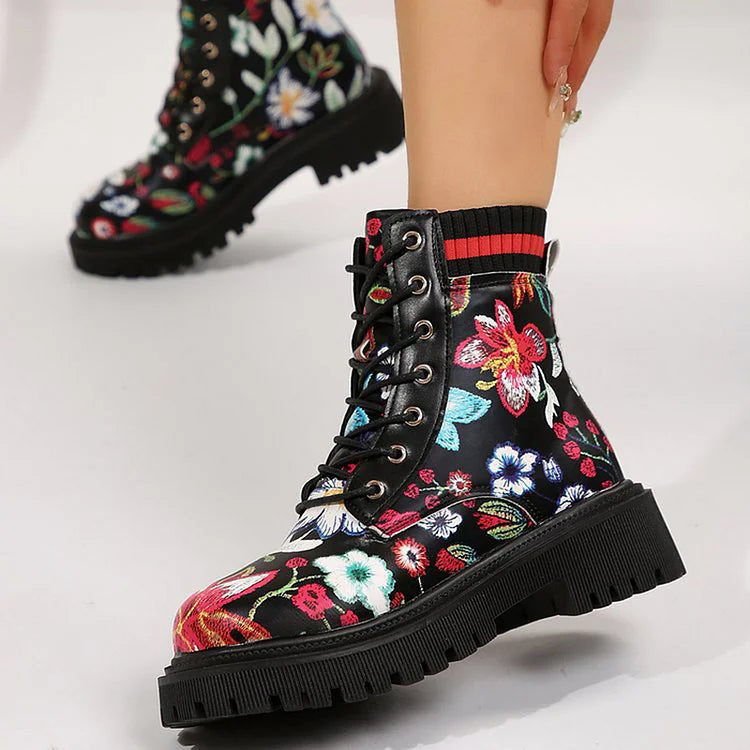 Multicolor Floral Print Patchwork Round Toe Chunky Heel Lace Up Ankle Boots