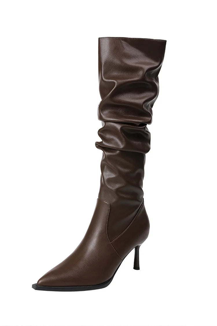 Pointed Toe Solid Color Patchwork Stiletto Heel Knee High Boots