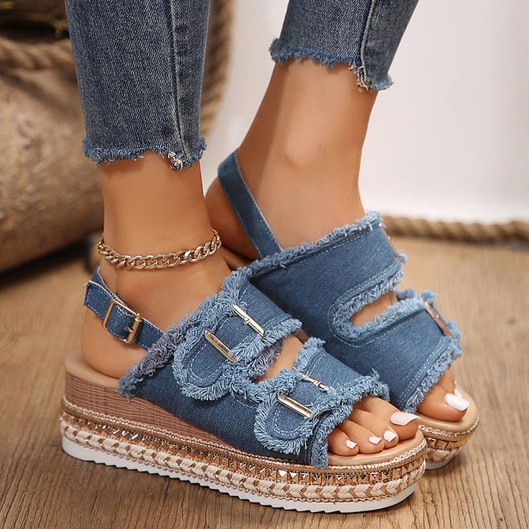 Frayed Raw Trim Buckles Peep Toe Slingback Strap Wedge Denim Sandals