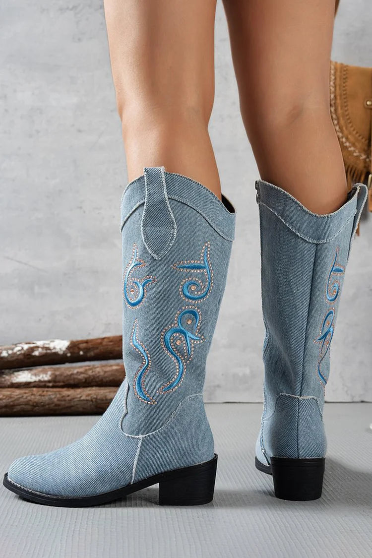 Denim Embroidery Patchwork Zipper Round Toe Chunky Heel Knee High Boots